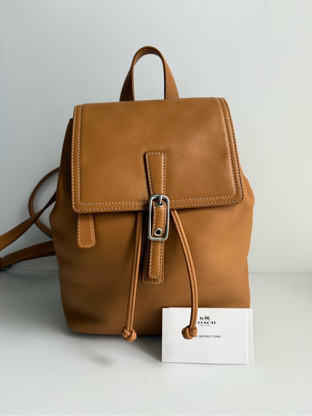 Vintage COACH Caramel Tan Leather Backpack with Buckle Drawstring - Picture 3 of 17